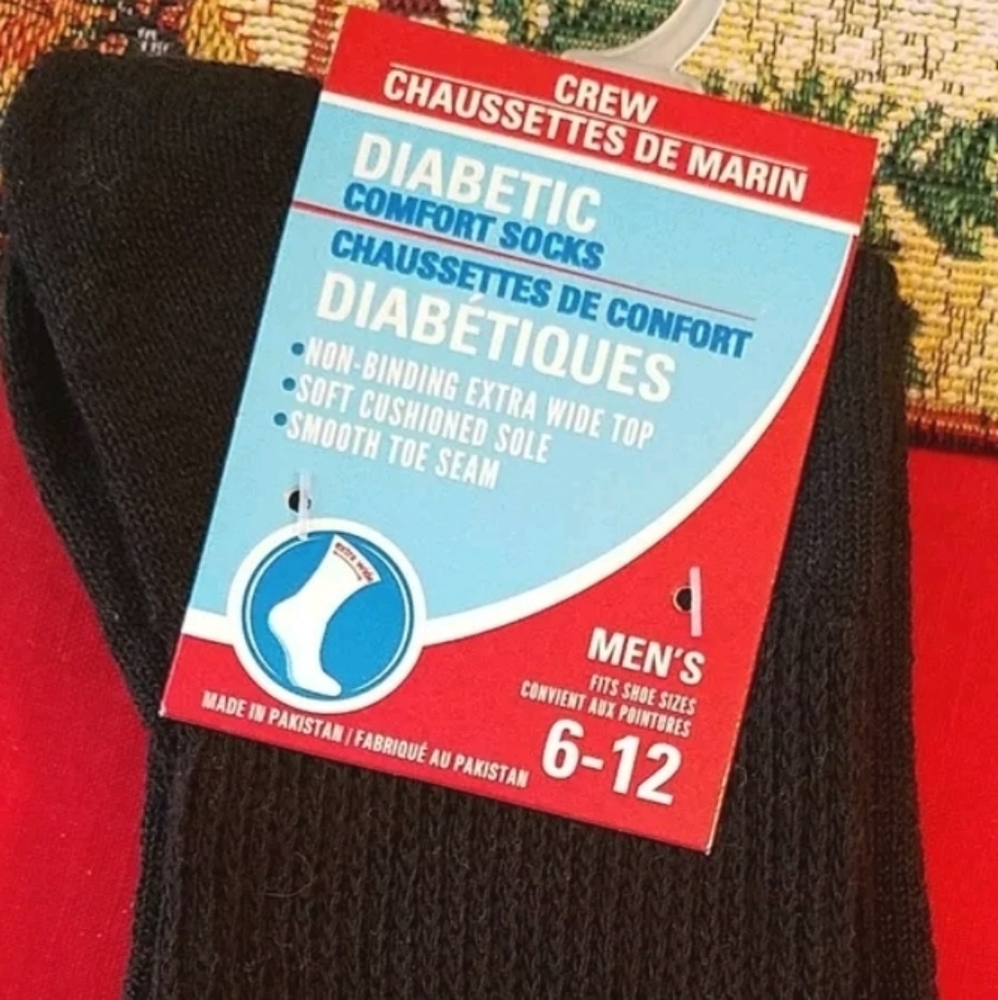 Diabetic Socks 1 Pair  Men's Crew Size 6-12 Black